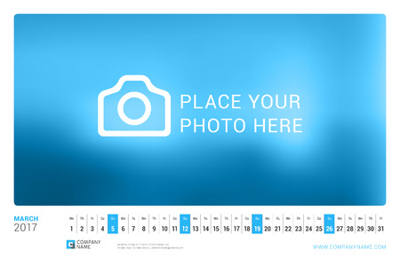 Wall Monthly Calendar for 2017 Year. March. Vector Design Print Template with Place for Photo. Landscape Orientationのイラスト素材