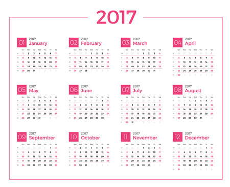 Calendar for 2017 year on white background. Vector design print template. Week starts Sunday. Stationery designのイラスト素材
