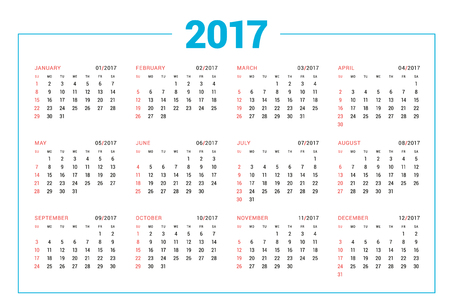 Calendar for 2017 year on white background. Vector design print template. Week starts Sunday. Stationery designのイラスト素材