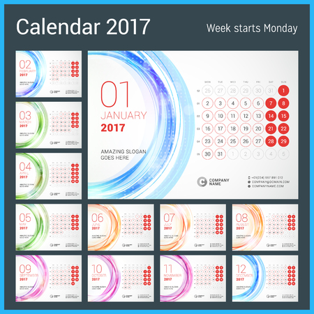 Desk Calendar for 2017 Year. Week Starts Monday. Vector Design Print Template with Abstract Circle Backgroundのイラスト素材
