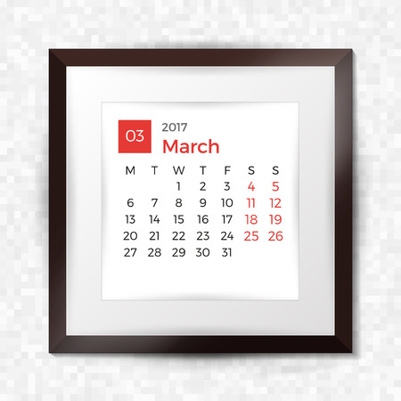 Realistic square picture frame with calendar for March 2017. Isolated on pixel background. Vector illustration.のイラスト素材