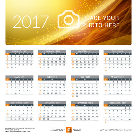 Calendar for 2017 Year. Vector Design Print Template with Abstract Wave Background, Company Logo and Contact Information. Week Starts Sundayのイラスト素材