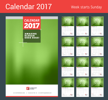 Wall Calendar Planner for 2017 Year. Vector Print Template with Place for Photo and Cover Page. Week Starts on Sunday. 2 Months on Page. Set of 12 Monthsのイラスト素材