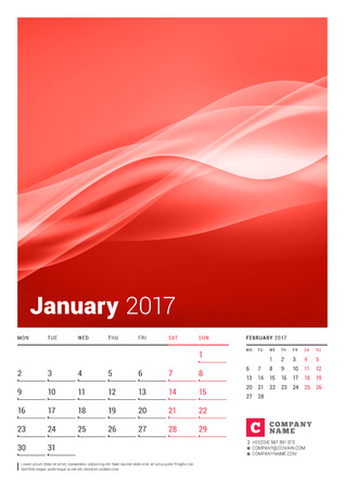 January 2017. Wall Monthly Calendar for 2017 Year. Vector Design Print Template with Place for Photo. Week Starts Monday. 2 Months on Pageのイラスト素材