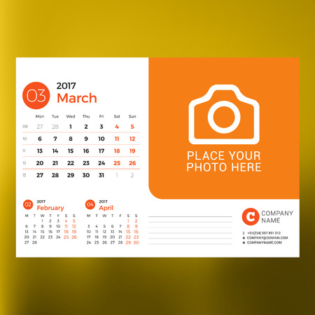 Calendar Template for March 2017. Week Starts Monday. Design Print Template. Vector Illustration Isolated on Color Backgroundのイラスト素材