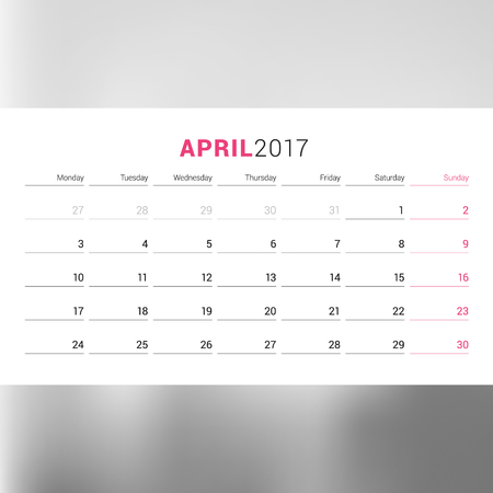 Calendar Template for April 2017. Week Starts Monday. Design Print Template. Vector Illustration Isolatedのイラスト素材