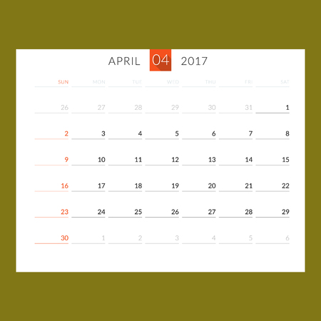 Calendar Template for April 2017. Week Starts Sunday. Design Print Template. Vector Illustration Isolatedのイラスト素材