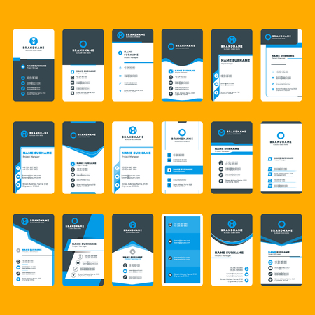 Set of modern business card print templates. Vertical business cards. Blue and black colors. Personal visiting card with company logo. Vector illustration. Stationery designのイラスト素材