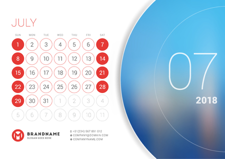 July 2018. Desk Calendar for 2018 Year. Vector Design Print Template with Place for Photo. Week Starts on Sundayのイラスト素材