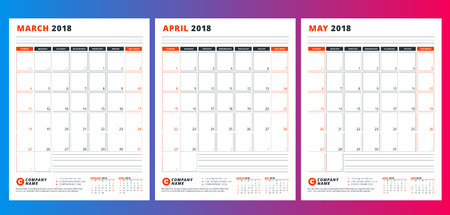 Calendar planner template for spring 2018. March, April, May. Design print vector templateのイラスト素材