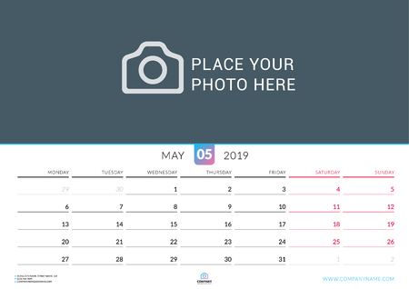 Wall calendar for May 2019. Vector design print template with place for photo. Week starts on Monday. Landscape orientationのイラスト素材