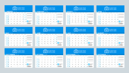Calendar template for 2019 year. Set of 12 months. January, February, March, April, May, June, July, August, September, October, November, December. Stationery designのイラスト素材