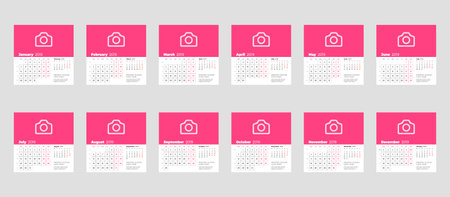 Calendar template for 2019 year. Set of 12 months. January, February, March, April, May, June, July, August, September, October, November, December. Stationery designのイラスト素材