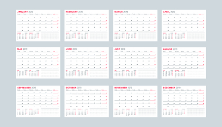Calendar template for 2019 year. Set of 12 months. January, February, March, April, May, June, July, August, September, October, November, December. Stationery designのイラスト素材