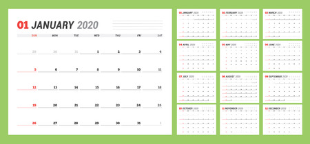 Calendar template for 2020 year. Business planner. Stationery design. Week starts on Sundayのイラスト素材