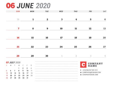 Calendar template for 2020. Business planner. Stationery design. Week starts on Sundayのイラスト素材