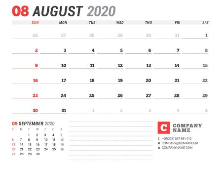 Calendar template for 2020. Business planner. Stationery design. Week starts on Sundayのイラスト素材