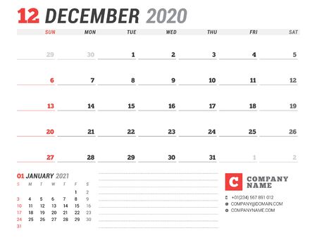 Calendar template for 2020. Business planner. Stationery design. Week starts on Sundayのイラスト素材