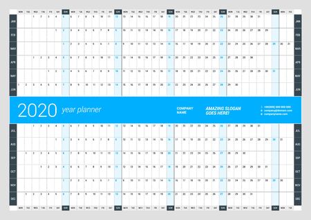 Wall calendar yearly planner template for 2020. Vector design print template. Week starts on Mondayのイラスト素材