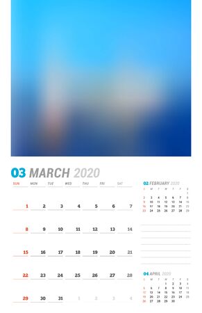 March 2020. Wall calendar planner template. Vector stationery design print template with place for photo. Week starts on Sunday. 3 months on pageのイラスト素材