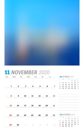 November 2020. Wall calendar planner template. Vector stationery design print template with place for photo. Week starts on Sunday. 3 months on pageのイラスト素材