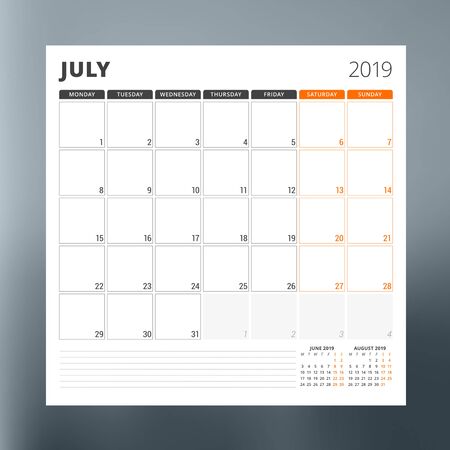 Calendar planner template for July 2019. Design print vector templateのイラスト素材