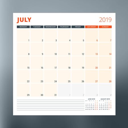 Calendar planner template for July 2019. Design print vector templateのイラスト素材