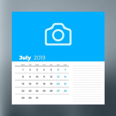 Calendar planner template for July 2019. Design print vector templateのイラスト素材