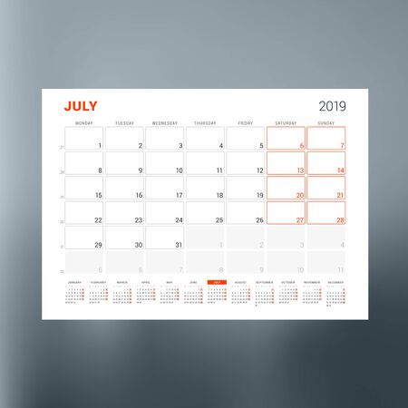 Calendar planner template for July 2019. Design print vector templateのイラスト素材