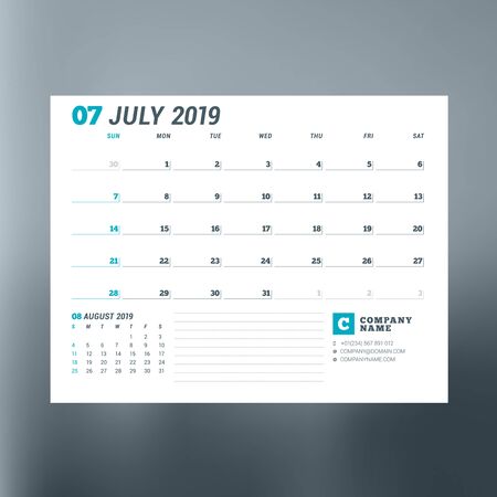 Calendar planner template for July 2019. Design print vector templateのイラスト素材