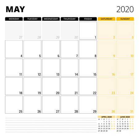 Calendar planner for May 2020. Stationery design template. Week starts on Monday.のイラスト素材