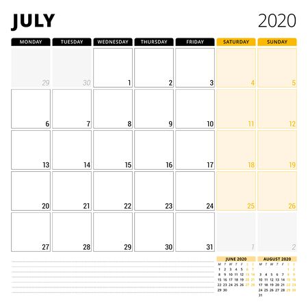 Calendar planner for July 2020. Stationery design template. Week starts on Monday.のイラスト素材