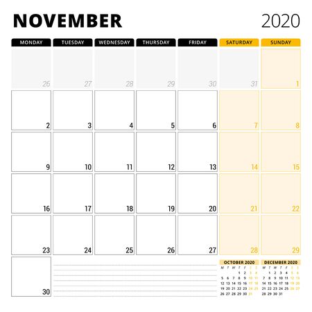 Calendar planner for November 2020. Stationery design template. Week starts on Monday.のイラスト素材