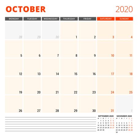 Calendar planner for October 2020. Stationery design template. Week starts on Monday.のイラスト素材