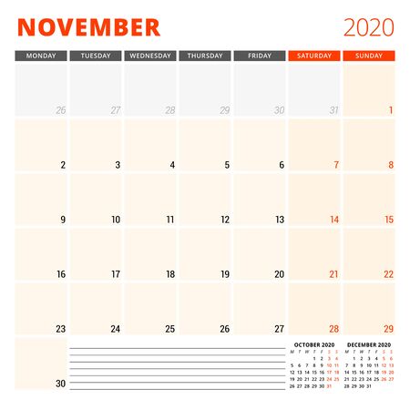 Calendar planner for November 2020. Stationery design template. Week starts on Monday.のイラスト素材