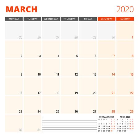 Calendar planner for March 2020. Stationery design template. Week starts on Monday.のイラスト素材