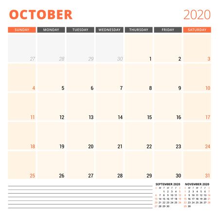 Calendar planner for October 2020. Stationery design template. Week starts on Sunday.のイラスト素材