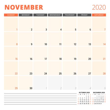 Calendar planner for November 2020. Stationery design template. Week starts on Sunday.のイラスト素材