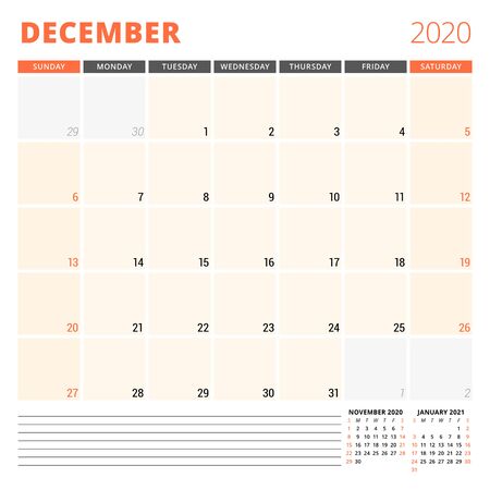 Calendar planner for December 2020. Stationery design template. Week starts on Sunday.のイラスト素材