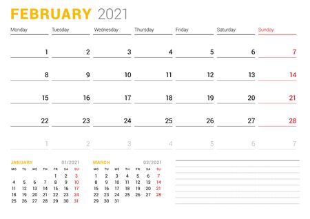 Calendar template for February 2021. Business monthly planner. Stationery design. Week starts on Monday. Vector illustrationのイラスト素材