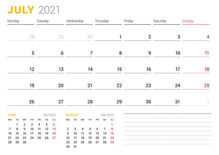 Calendar template for July 2021. Business monthly planner. Stationery design. Week starts on Monday. Vector illustrationのイラスト素材