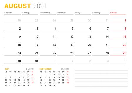 Calendar template for August 2021. Business monthly planner. Stationery design. Week starts on Monday. Vector illustrationのイラスト素材