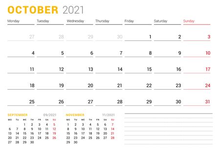 Calendar template for October 2021. Business monthly planner. Stationery design. Week starts on Monday. Vector illustrationのイラスト素材