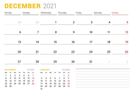 Calendar template for December 2021. Business monthly planner. Stationery design. Week starts on Monday. Vector illustrationのイラスト素材