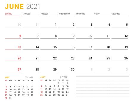 Calendar template for June 2021. Business monthly planner. Stationery design. Week starts on Sunday. Vector illustrationのイラスト素材