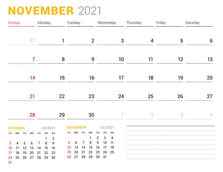 Calendar template for November 2021. Business monthly planner. Stationery design. Week starts on Sunday. Vector illustrationのイラスト素材