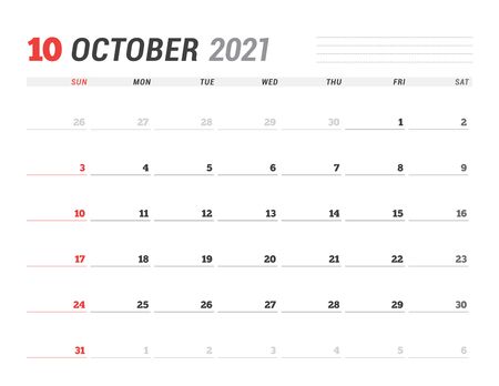 Calendar for October 2021. Stationery design. Week starts on Sunday. Vector illustrationのイラスト素材