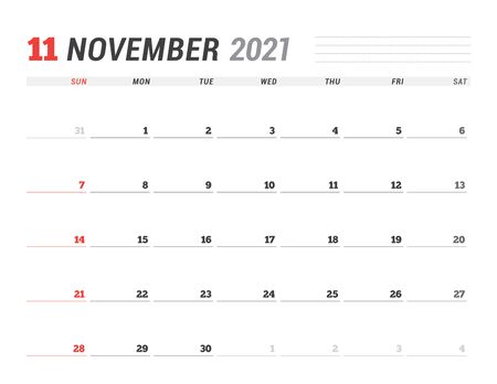 Calendar for November 2021. Stationery design. Week starts on Sunday. Vector illustrationのイラスト素材