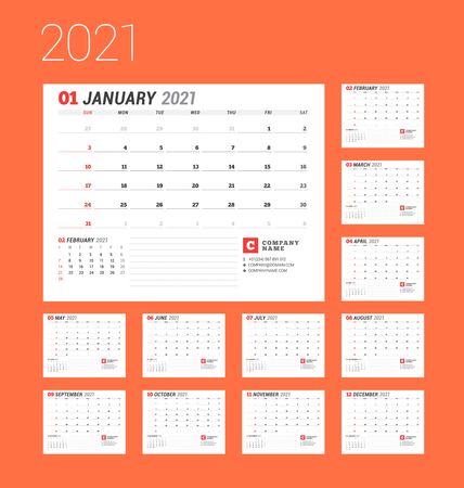 Business monthly planner for 2021 year. Set of 12 months. Business planner. Stationery design. Week starts on Sunday. Vector illustrationのイラスト素材
