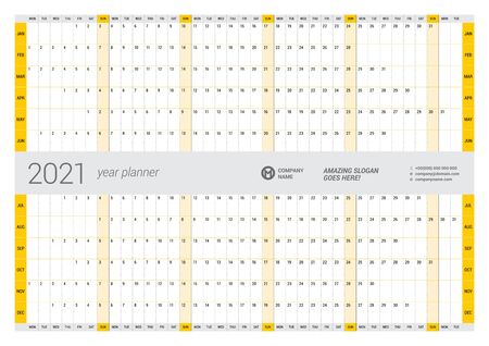 Calendar yearly planner template for 2021. Printable template. Week starts on Monday. Vector stationery designのイラスト素材